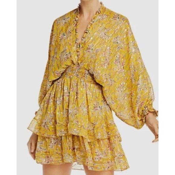 The Kooples Dresses & Skirts - The Kooples Women's Yellow Floral V-Neck spring Metallic Mini‎ Dress 3 large L